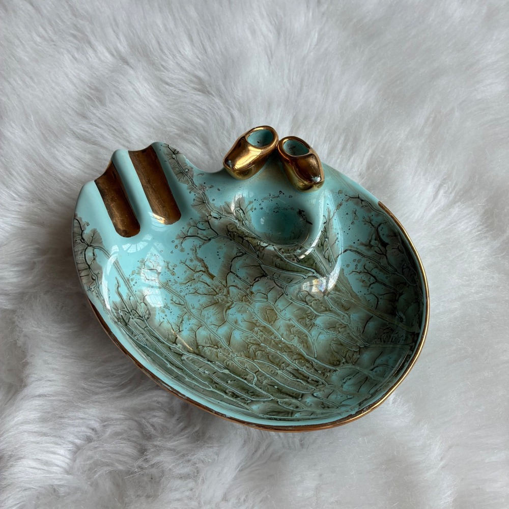 Vintage Delfts Holland Handpainted Ashtray Teal Gold Mini Clogs Ceramic Dutch